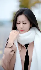 Captivating Autumn Winter Charm: Pensive Girl with Pure White Scarf, Elegant Street Style-5