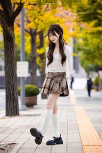 Young Asian Girl in Plaid Skirt Embracing Autumn Foliage-9
