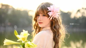 Poetic Muse in White Dress with Pink Lilies-2