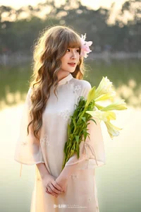 Poetic Muse in White Dress with Pink Lilies-5