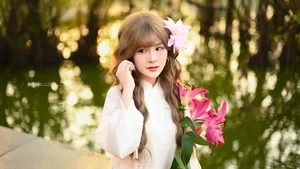 Poetic Muse in White Dress with Pink Lilies-4