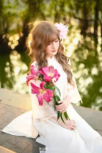 Poetic Muse in White Dress with Pink Lilies-1