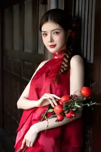Captivating Asian Girl in Red: Serene Lotus & Rustic Wooden Stairs Scene-5