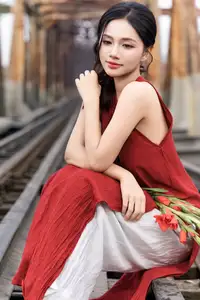 Gentle Vietnamese Girl in Red by Old Railway Bridge: Elegant Asian Beauty-6