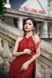 Gentle Vietnamese Girl in Red by Old Railway Bridge: Elegant Asian Beauty-2