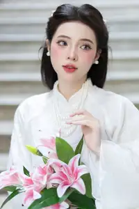 Serene Vietnamese Beauty: A Gentle Muse in White with Pink Lilies-2