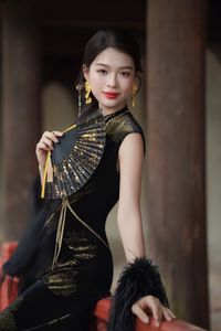 Captivating Asian Beauty in an Elegant Black Velvet Cheongsam-0
