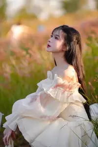 Golden Hour Dream: Ethereal Beauty in White Amidst a Blooming Field-1