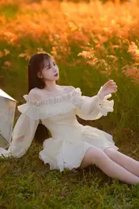 Golden Hour Dream: Ethereal Beauty in White Amidst a Blooming Field-6