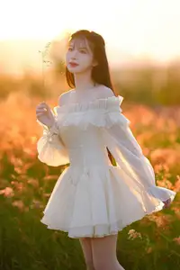Golden Hour Dream: Ethereal Beauty in White Amidst a Blooming Field-3