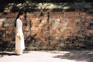 VGU No.131: Graceful young woman in traditional dress, timeless Vietnamese beauty against ancient brick.-13