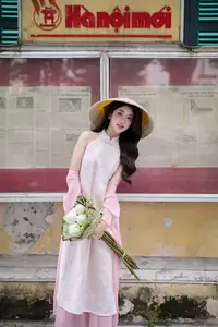 VGU No171: Vietnamese Beauty Graces a Flower Garden in Elegant Pink Ao Dai and Conical Hat-5