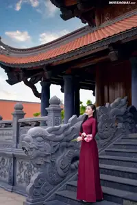 Graceful Vietnamese Ao Dai: Serene Beauty at Majestic Mountain Temple-2
