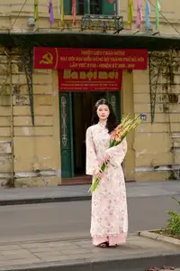 Vietnamese Ao Dai Beauty by the Lake at Sunset: Graceful Girl with Vibrant Gladiolus Flowers.-3