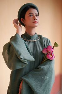 Traditional Vietnamese Soul: Elegant Lady in Ao Dai with Pink Lotus - 10000199719-9