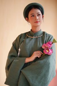 Traditional Vietnamese Soul: Elegant Lady in Ao Dai with Pink Lotus - 10000199719-2