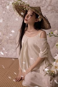 Ethereal Asian Beauty: Woman in Straw Hat with White Flowers-8