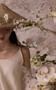 Ethereal Asian Beauty: Woman in Straw Hat with White Flowers-6