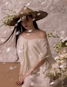 Ethereal Asian Beauty: Woman in Straw Hat with White Flowers-2
