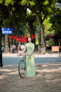 XVG No.48: Vietnamese Ao Dai Beauty Graceful Girl with Flowers and Bicycle on Historic Street-5