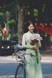 XVG No.48: Vietnamese Ao Dai Beauty Graceful Girl with Flowers and Bicycle on Historic Street-9