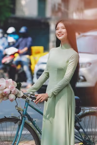 XVG No.48: Vietnamese Ao Dai Beauty Graceful Girl with Flowers and Bicycle on Historic Street-8