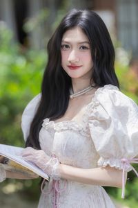 Elegant Beauty: Gentle Girl in Vintage Dress Amidst Dreamy Flower Garden-1