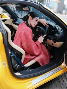Stunning Red Ao Dai Fashion: TikTok Influencer Bo Chanh Poses with a Luxury Yellow Supercar in Elegant Traditional Vietnamese Style-4