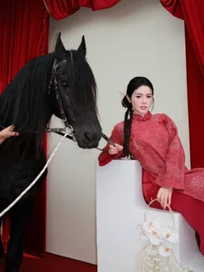 Stunning Red Ao Dai Fashion: TikTok Influencer Bo Chanh Poses with a Luxury Yellow Supercar in Elegant Traditional Vietnamese Style-0