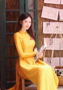 VGU No.114: Radiant Yellow Ao Dai Amidst Lotus Blooms, Embodying Vietnamese Grace-4