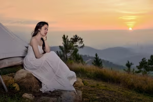 VGU No.134: Enchanting White Dress Muse in Pine Forest: Capturing Natural Beauty and Romantic Golden Hour Moments-1