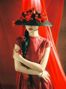 East Asian Grace: Elegant Model in Red Dress, Artistic Pose-6