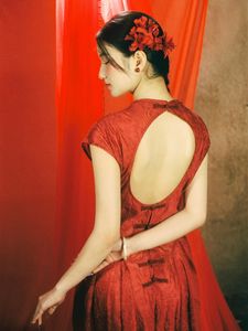East Asian Grace: Elegant Model in Red Dress, Artistic Pose-1