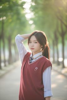 Innocent Female Student in School Uniform, Youthful Beauty on Tree-Lined Path-1