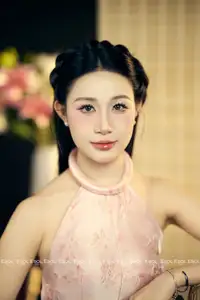 Serene Asian Beauty: Discover A Graceful Woman In A Traditional Pink Dress Amidst Blossoms.-1