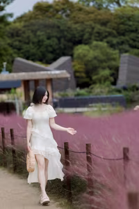 XVG No.33: Ethereal Beauty in White Dress Amidst Dreamy Pink Grass Field - A Serene Nature Escape-6