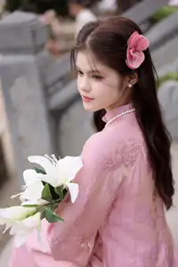 Graceful Pink Ao Dai: Vietnamese Girl showcases traditional beauty on ancient stairs-2
