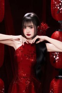 Enchanting Asian Beauty: Elegant Red Dress, Parasol and Traditional Lanterns-2