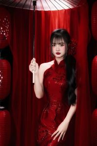 Enchanting Asian Beauty: Elegant Red Dress, Parasol and Traditional Lanterns-7