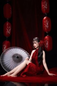 Enchanting Asian Beauty: Elegant Red Dress, Parasol and Traditional Lanterns-0