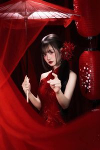Enchanting Asian Beauty: Elegant Red Dress, Parasol and Traditional Lanterns-1