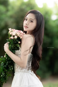 VGU No.95: Gentle beauty of a Vietnamese young woman in a pure white lace dress amidst nature.-9