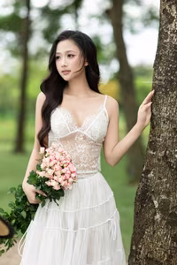 VGU No.95: Gentle beauty of a Vietnamese young woman in a pure white lace dress amidst nature.-15