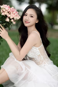 VGU No.95: Gentle beauty of a Vietnamese young woman in a pure white lace dress amidst nature.-3