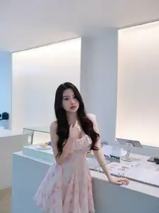 Gentle Charm: Beautiful Girl in Pink Floral Dress, Captivating Elegant Style.-5