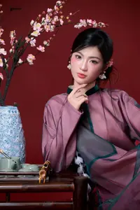 East Asian Grace: Elegant Lady in Traditional Attire & Cherry Blossoms-2