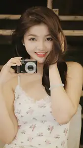 Captivating East Asian Beauty in Floral Slip Dress with Vintage Camera-6