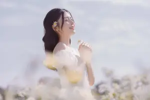 Ethereal Beauty: Young Woman in White Dress with Bouquet Amidst Dreamy Clouds-11