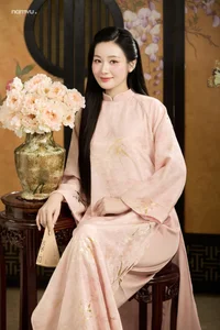 Radiant Grace in Soft Pink Silk Ao Dai: A Poetic Indochine Muse-9