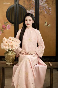 Radiant Grace in Soft Pink Silk Ao Dai: A Poetic Indochine Muse-6